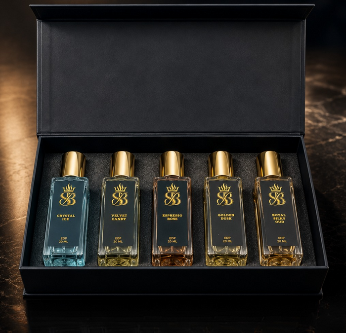 The Golden Five — open black box with five 20ml ScentoBello flacons in amber tones