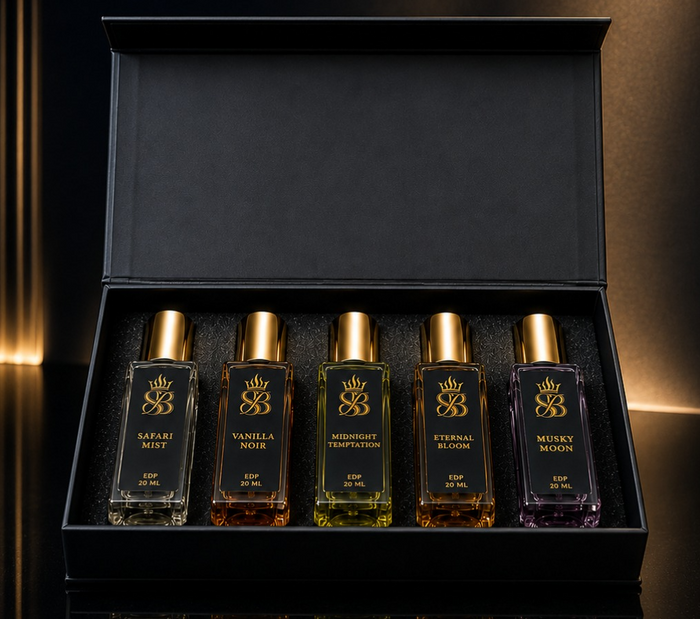 The Signature Five — open black box with five 20ml ScentoBello flacons