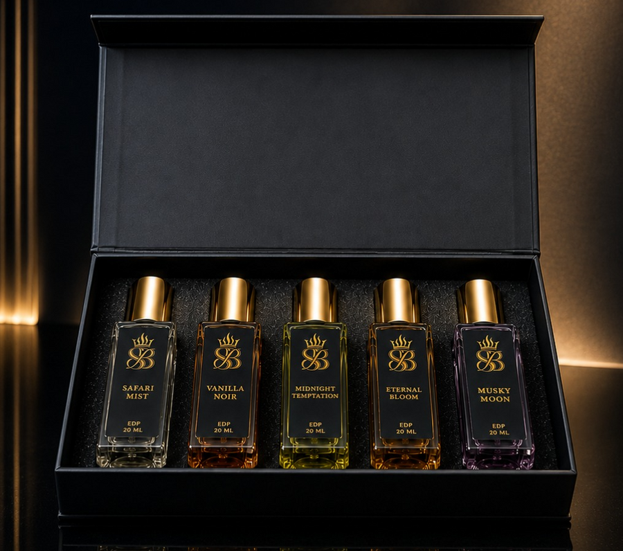 The Signature Five — open black box with five 20ml ScentoBello flacons