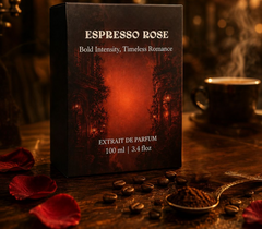 Espresso Rose packaging box with coffee beans and rose petals