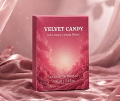 Velvet Candy packaging box on pink silk