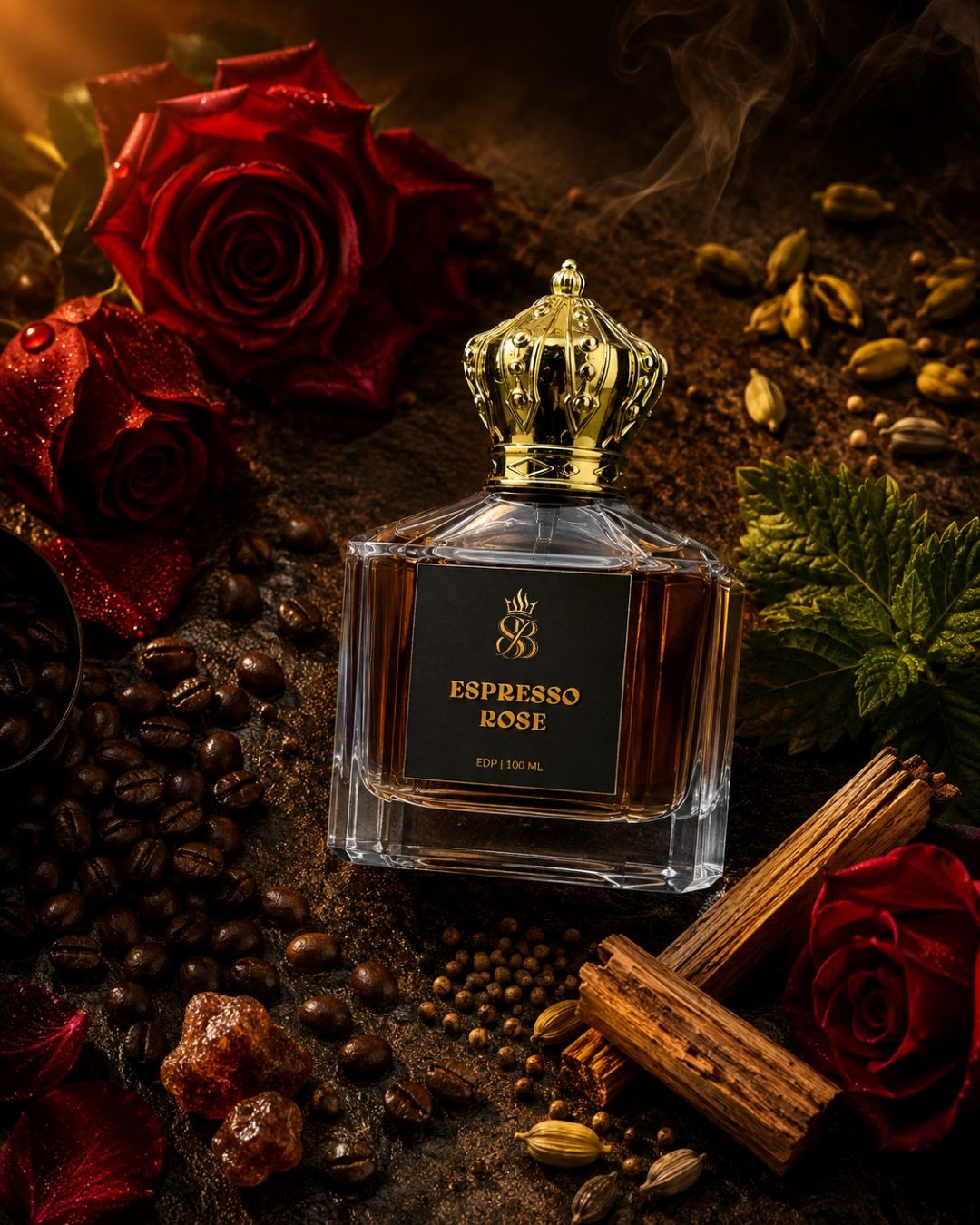 Espresso Rose flacon with coffee beans and roses
