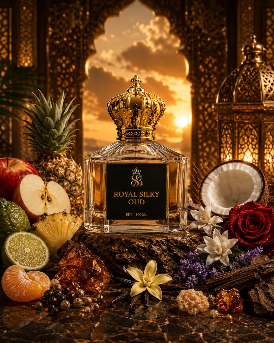 Royal Silky Oud flacon at sunset with fruit and oud wood