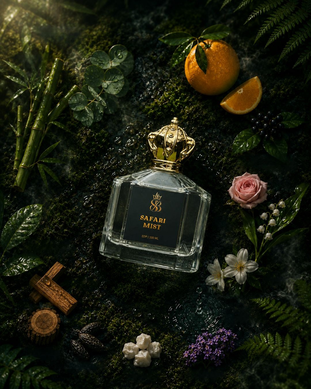 Safari Mist extrait de parfum flacon on dark moss with bergamot and bamboo