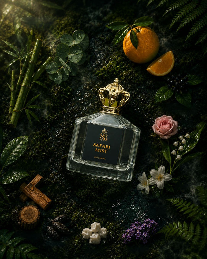 Safari Mist extrait de parfum flacon on dark moss with bergamot and bamboo