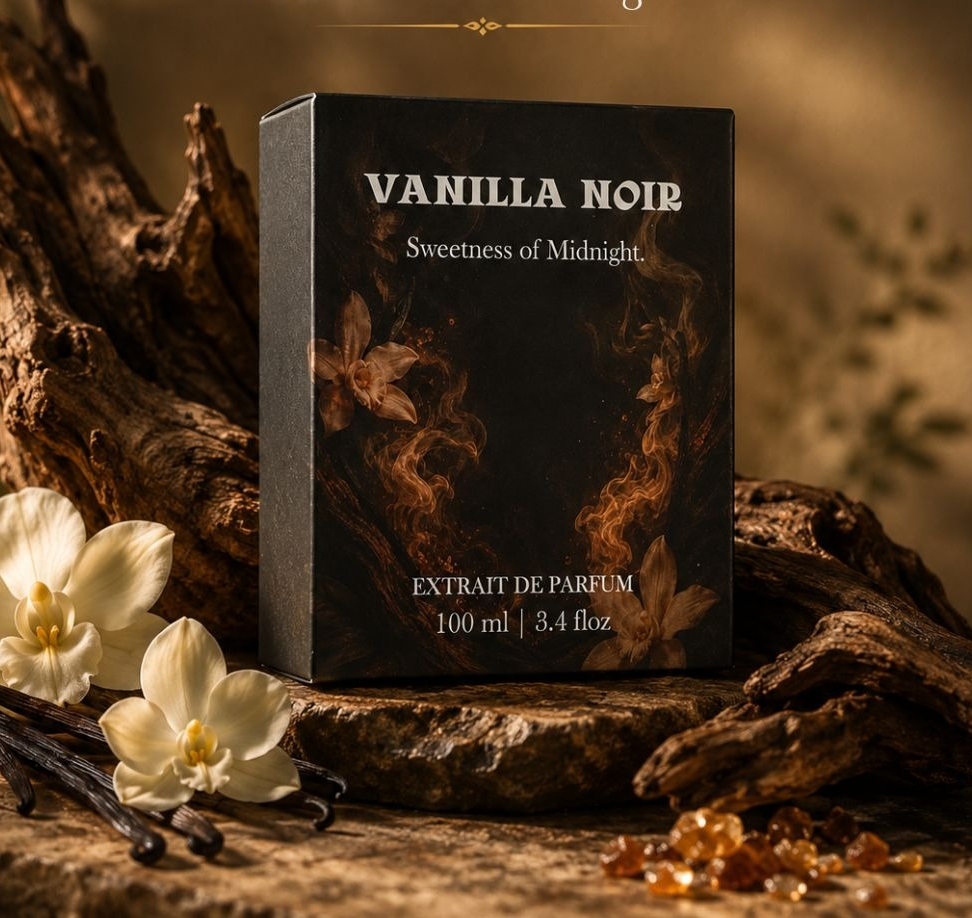 Vanilla Noir box on driftwood with vanilla orchids