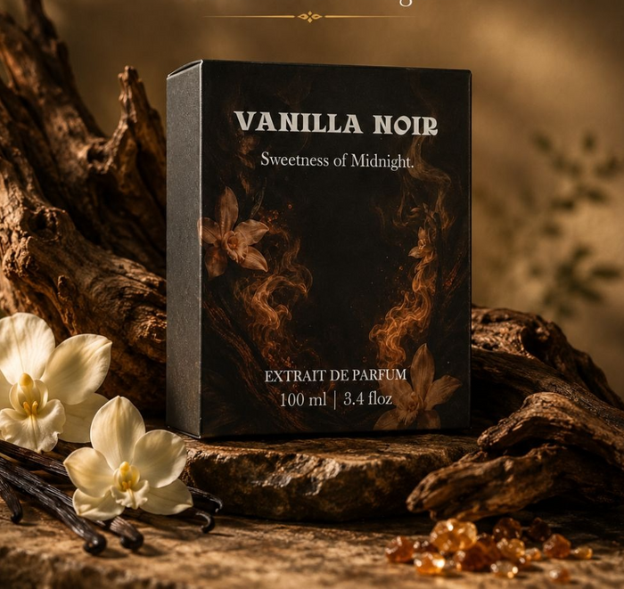 Vanilla Noir box on driftwood with vanilla orchids